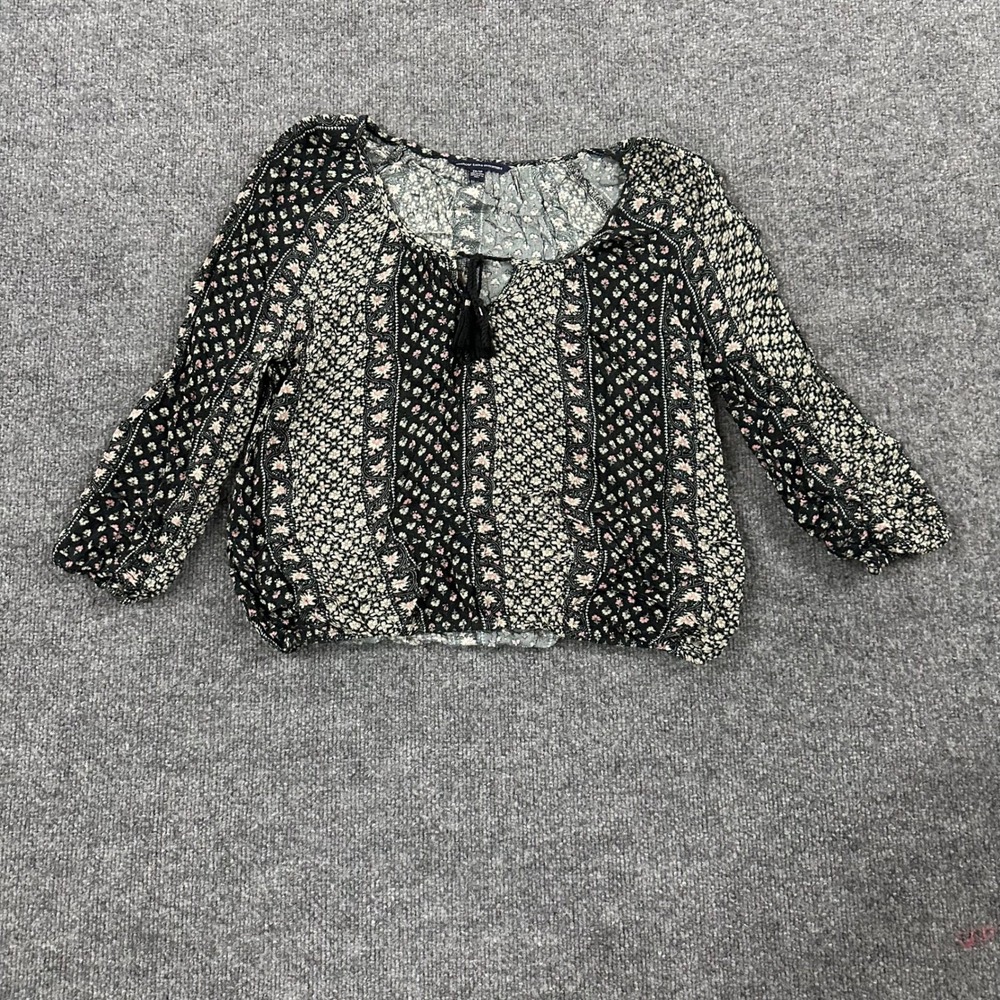 American Eagle Blouse Womens XS Black Floral Boho Tassel Tie Peasant Top